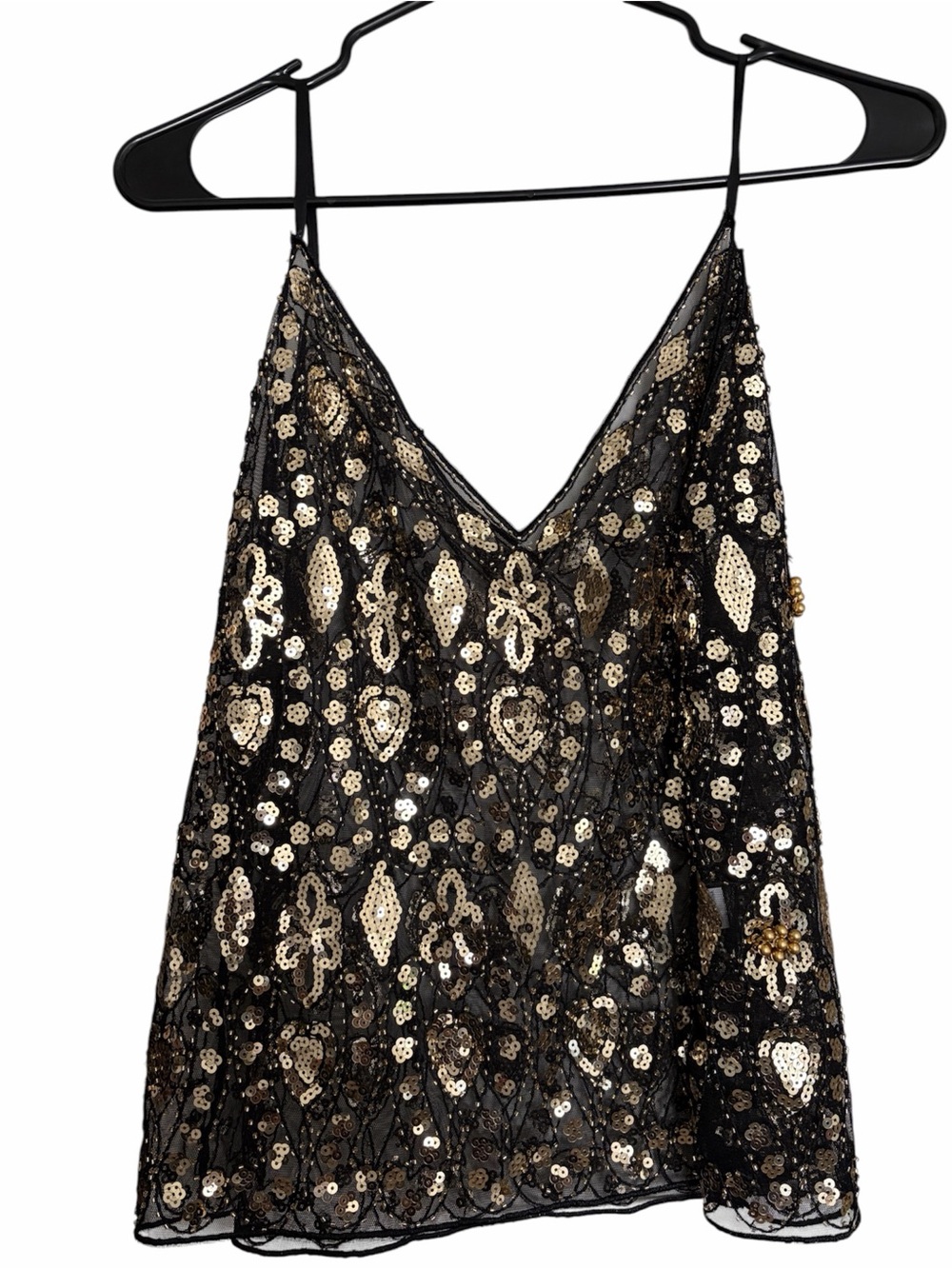 Black Sequin V-Neck Sheer Camisole - Gold Sequin Embellishment